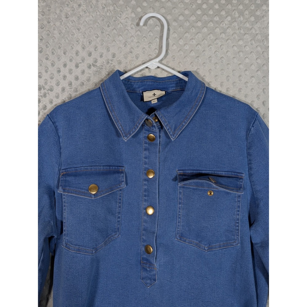 Tuckernuck Indigo Denim Lexi Dress Womens XL Blue Gold Snap Stretch Belted EUC - Picture 11 of 16